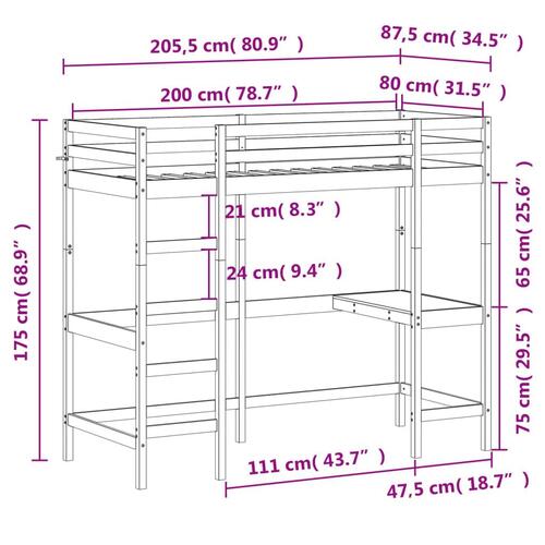 Højseng med skrivebord 80x200 cm massivt fyrretræ