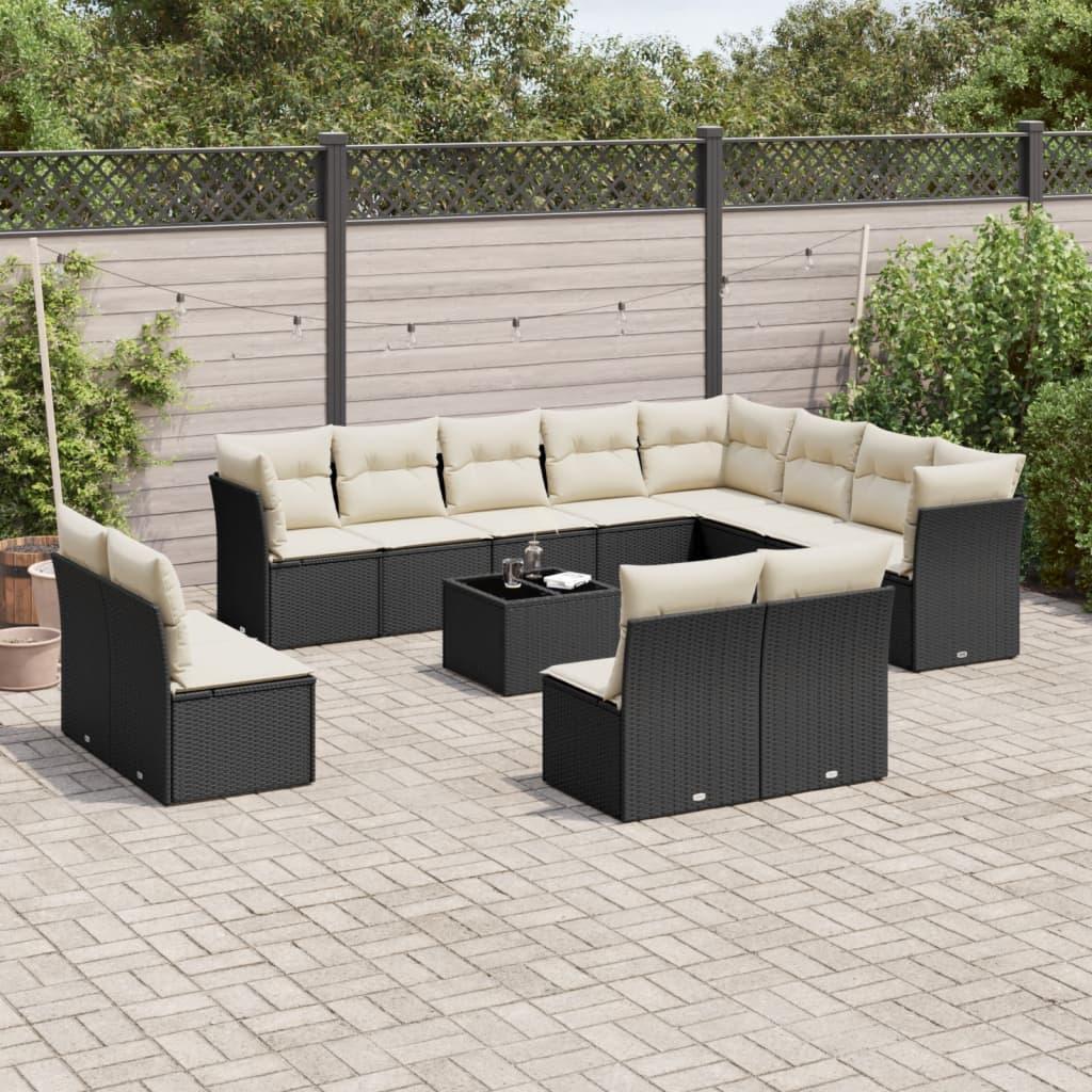 Sofasæt Til Haven 13 Dele Med Hynder Polyrattan - Sort og cremefarvet / Med bord