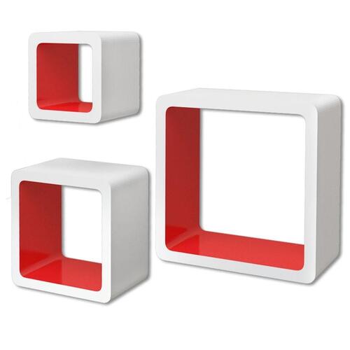 3 Hvid-rød MDF svævende vægdisplay kuber bog/DVD opbevaring