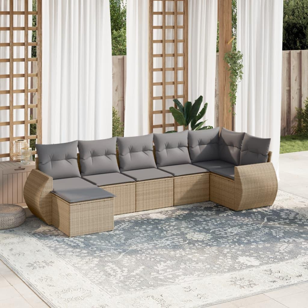 Havesofasæt i polyrattan, 7 dele med hynder - beige/lysegrå