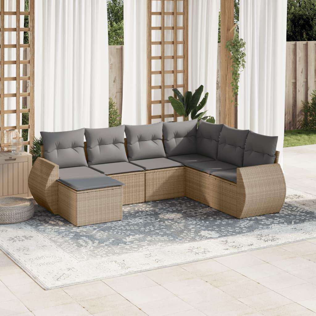 Sofasæt til haven i polyrattan - 7 dele med hynder, beige