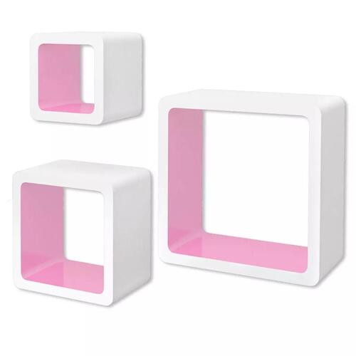 3 Hvid-pink MDF svævende vægdisplay kuber bog/DVD opbevaring