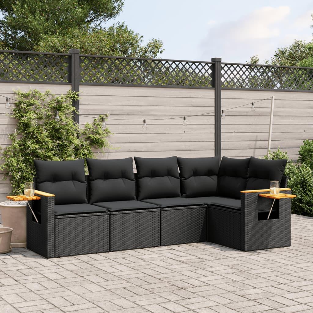 Sofasæt til haven - 5 dele med hynder og opbevaring, polyrattan, sort