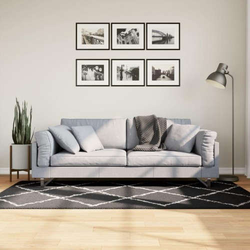 Shaggy gulvtæppe PAMPLONA 100x200 cm høj luv sort cremefarvet