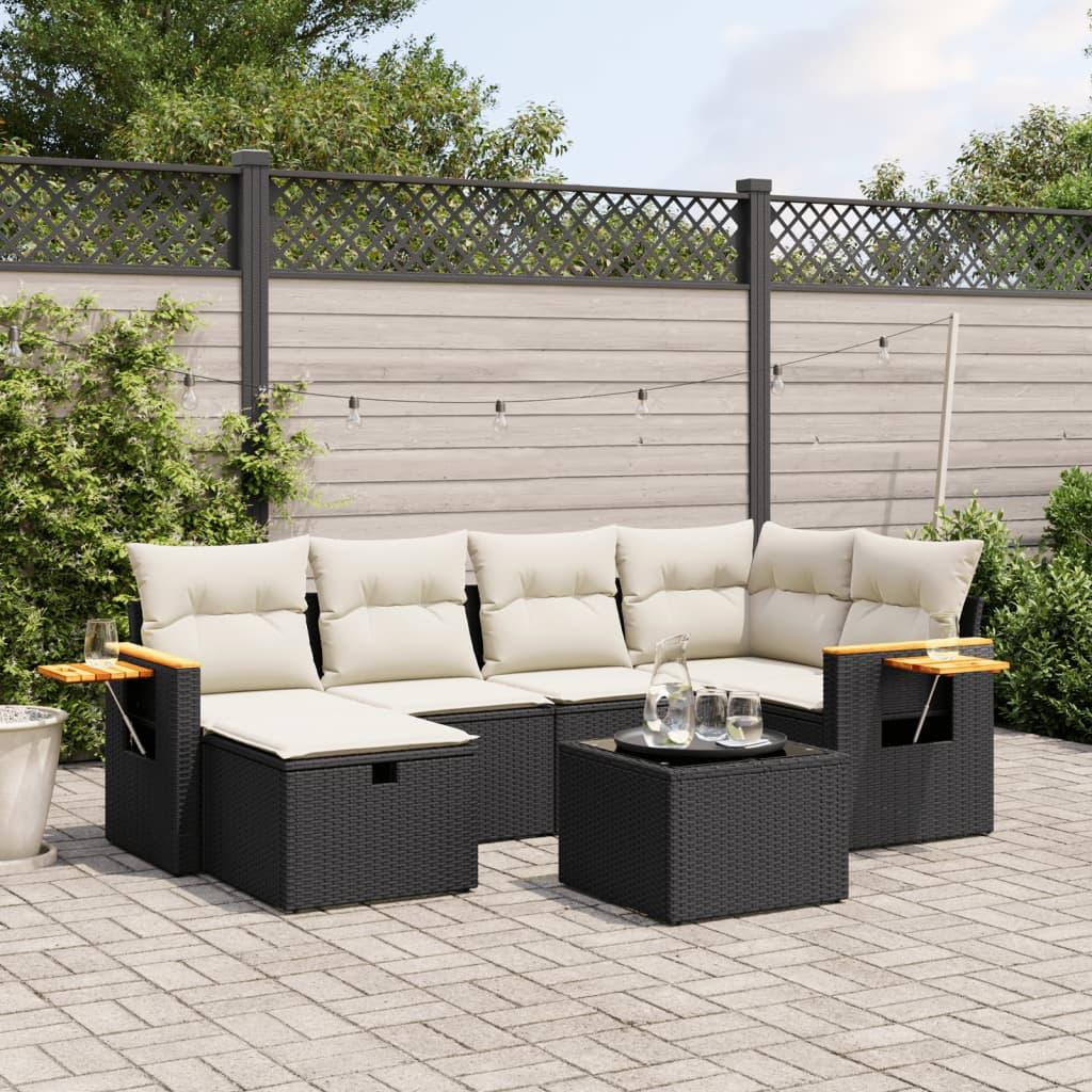 Sofasæt til haven 7 dele i sort polyrattan med creme hynder