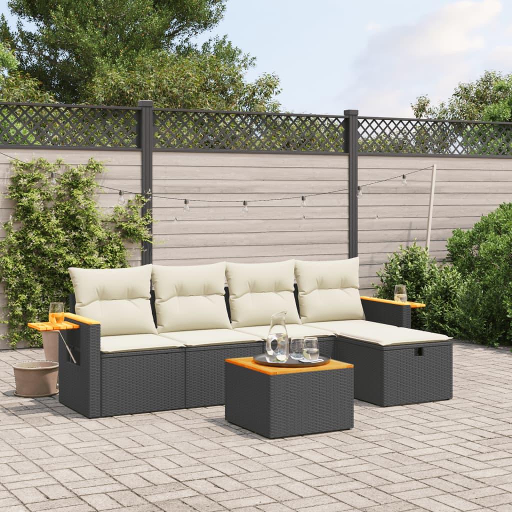 Havesofasæt i polyrattan - 6 dele med hynder, sort