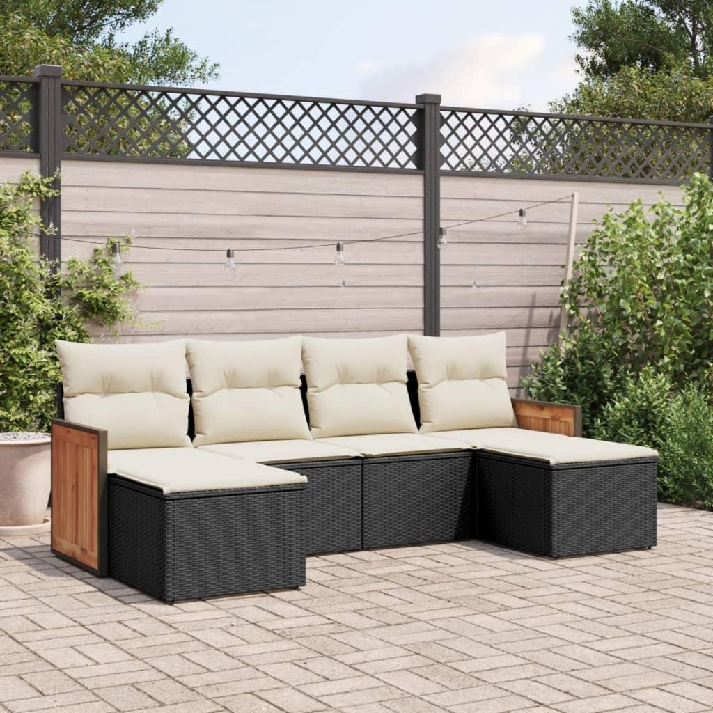 Sofasæt Til Haven 6 Dele Med Hynder Polyrattan - Sort og cremefarvet / Uden bord