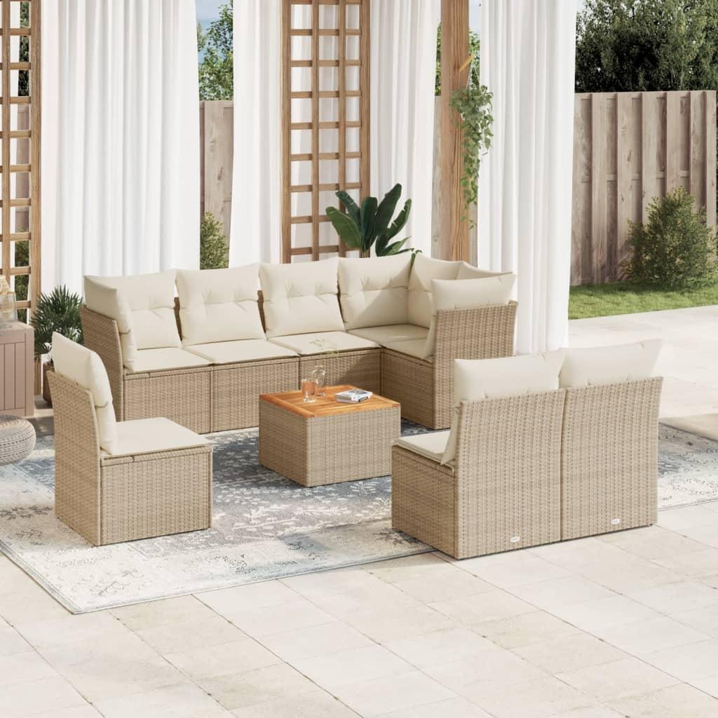 Sofasæt til haven 9 dele med hynder og opbevaring i polyrattan beige