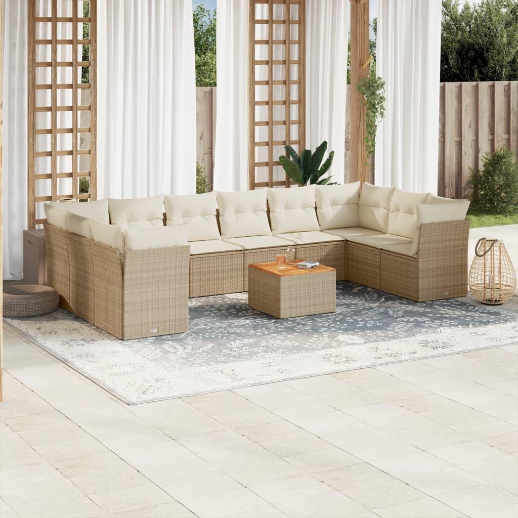 Sofasæt til haven i polyrattan - 11 dele med hynder, beige