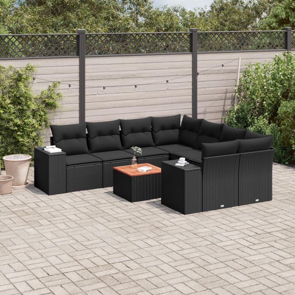 Sofasæt til haven i polyrattan - 9 dele med hynder, sort