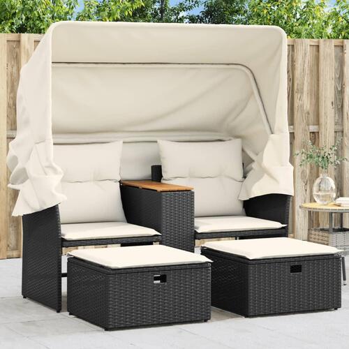 2-personers havesofa med baldakin og skamler polyrattan sort