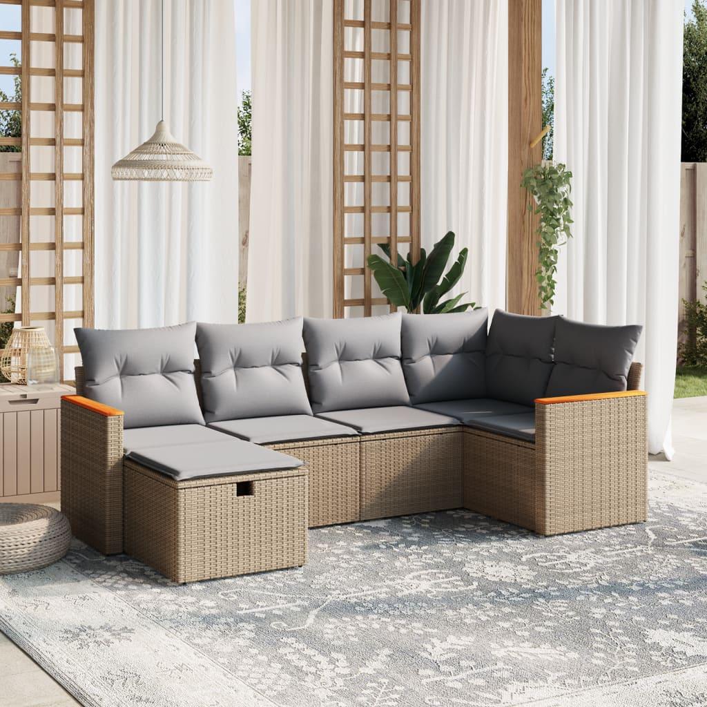 Havesofasæt 6 dele med hynder i polyrattan - beige/lysegrå