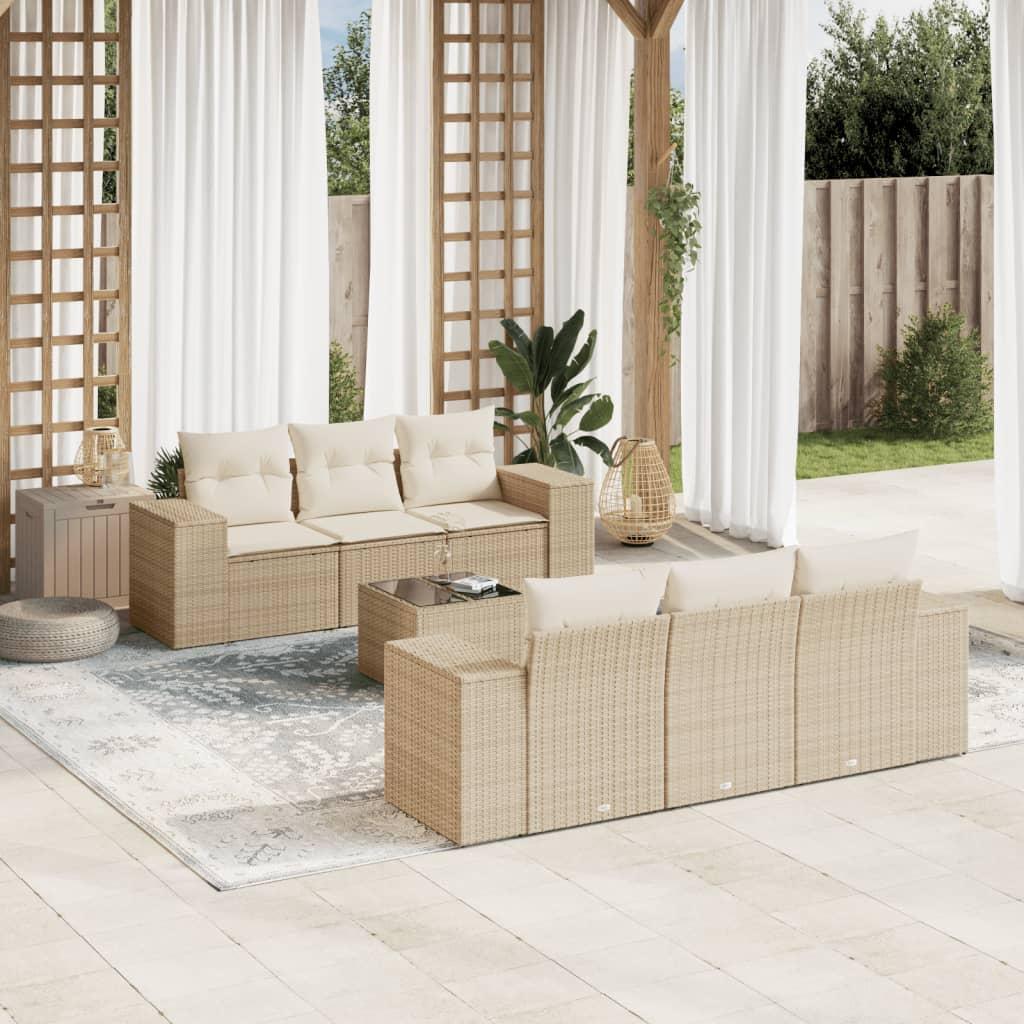 Havesofasæt 7 dele i polyrattan med hynder - beige