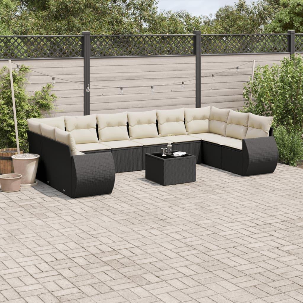 Sofasæt Til Haven 11 Dele Med Hynder Polyrattan - Sort og cremefarvet / Med bord