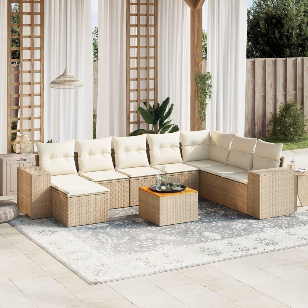Sofasæt Til Haven 9 Dele Med Hynder Polyrattan Sort - beige og cremefarvet