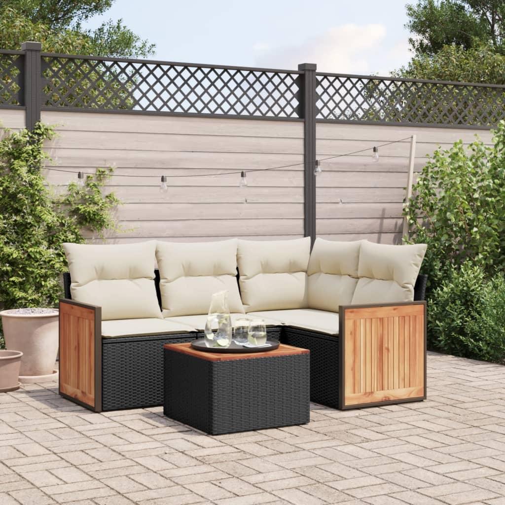 Sofasæt Til Haven 5 Dele Med Hynder Polyrattan Sort - Sort og cremefarvet / Med bord