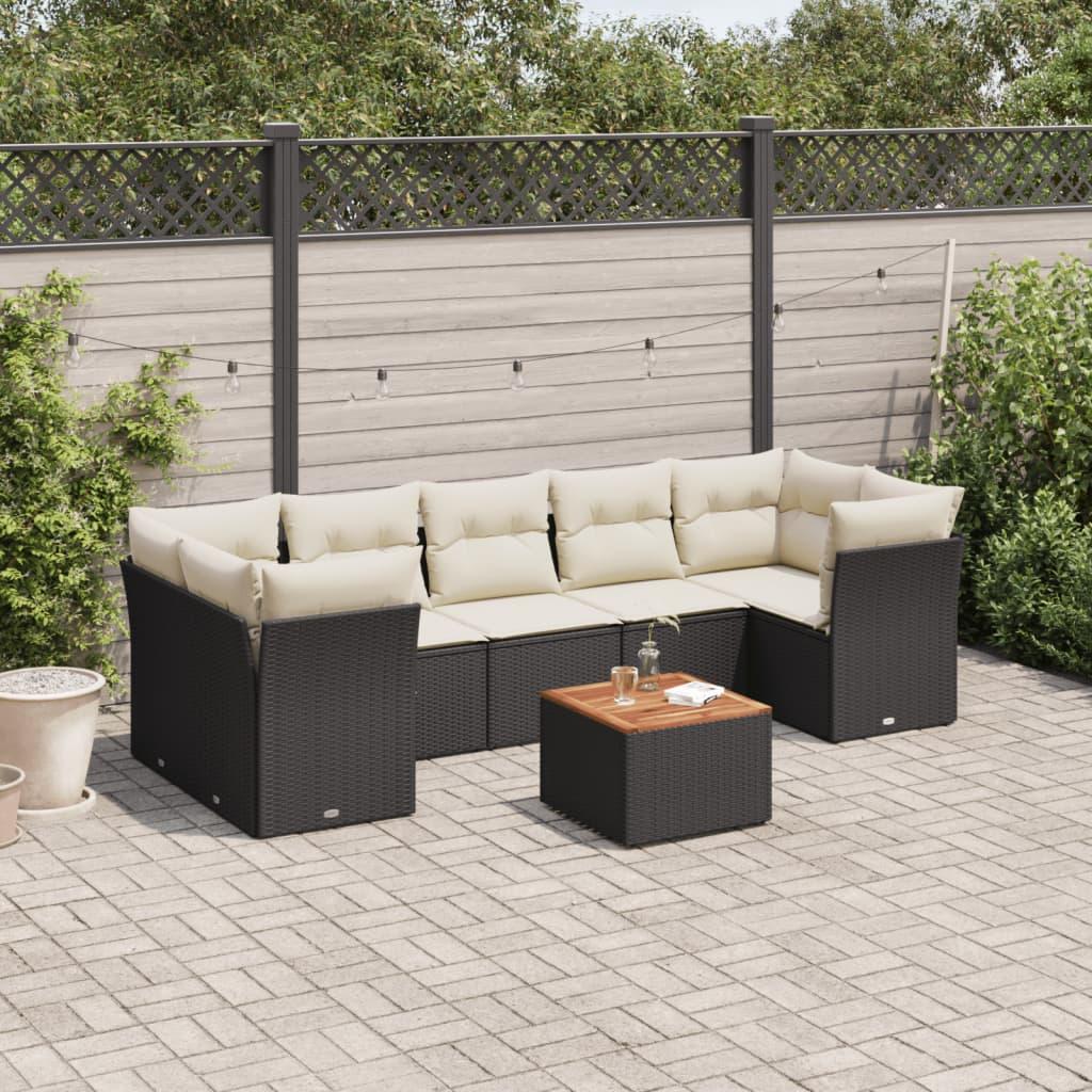 Sofasæt Til Haven 8 Dele Med Hynder Polyrattan - Sort og cremefarvet / 3x midterdel 2x hjørnedel bord