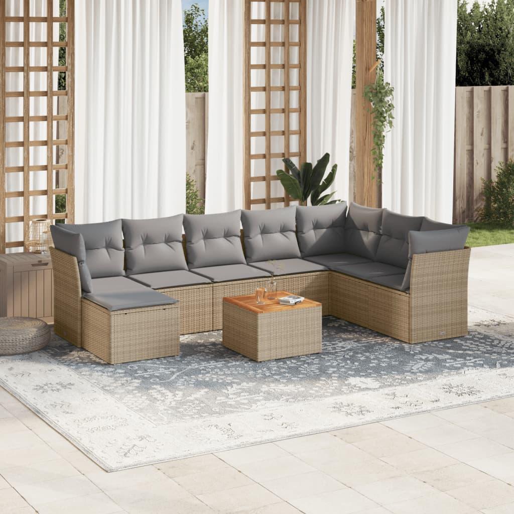 Havesofasæt i polyrattan, 9 dele med hynder - beige