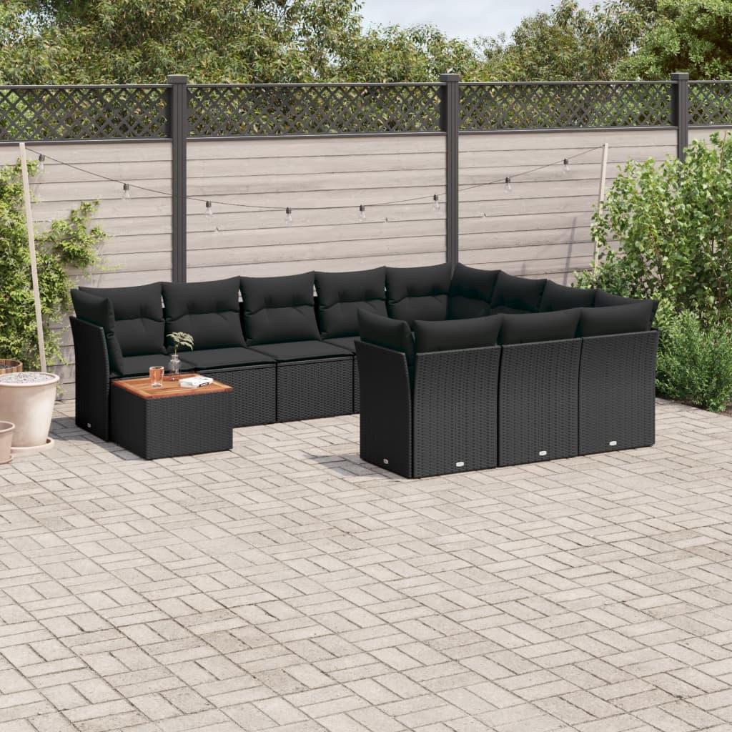 Sofasæt Til Haven 11 Dele Med Hynder Polyrattan - Sort / bord 4x hjørnedel 6x midterdel