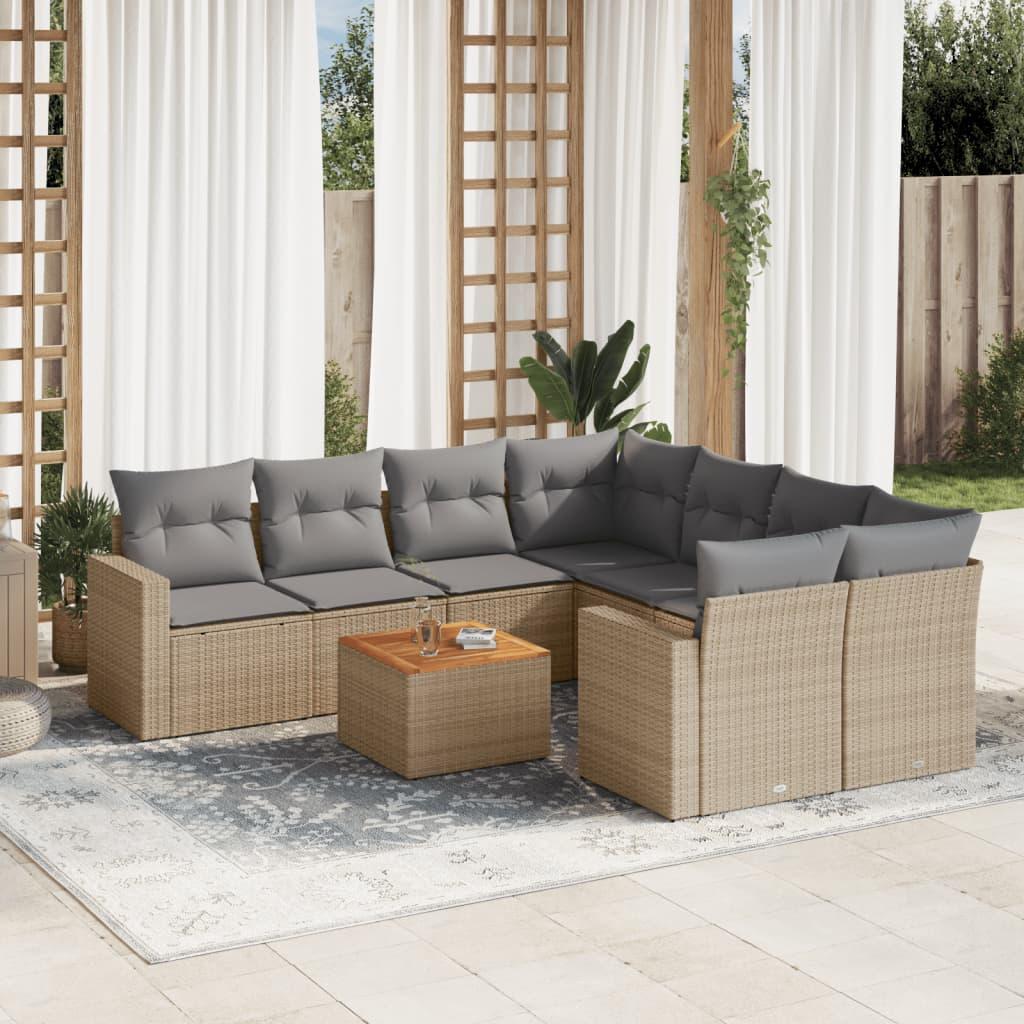 Sofasæt til haven i polyrattan, 9 dele med hynder - beige/lysegrå