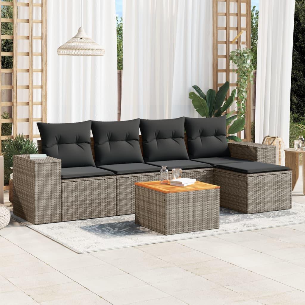 Sofasæt til haven - 6 dele med hynder i polyrattan, grå