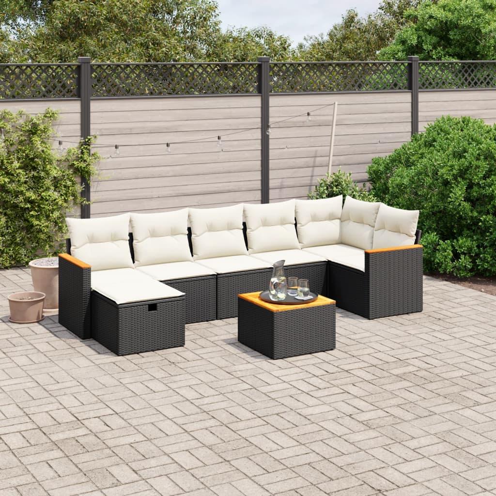 Havesofasæt i polyrattan - 8 dele med hynder, sort