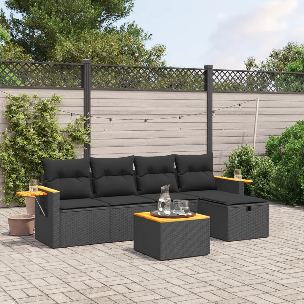Havesofasæt 6 dele med hynder i polyrattan sort