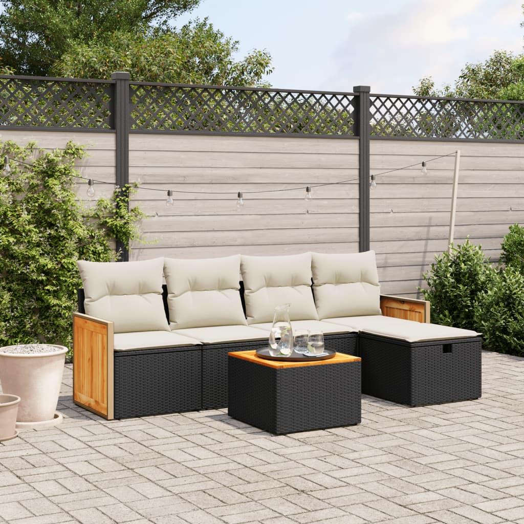 Havesofasæt i polyrattan - 6 dele med hynder, sort