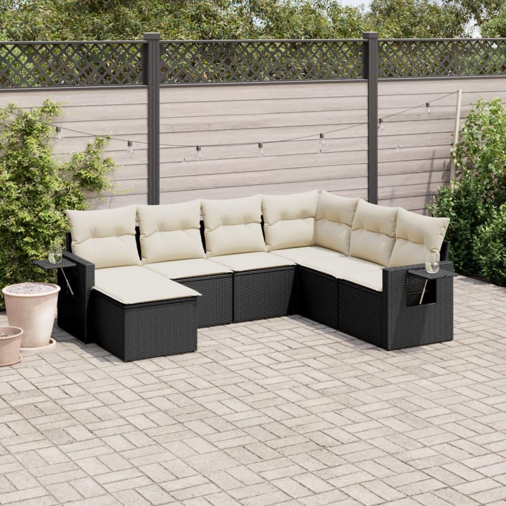 Sofaesæt Til Haven 7 Dele Med Hynder Polyrattan - Sort og cremefarvet / Med bord