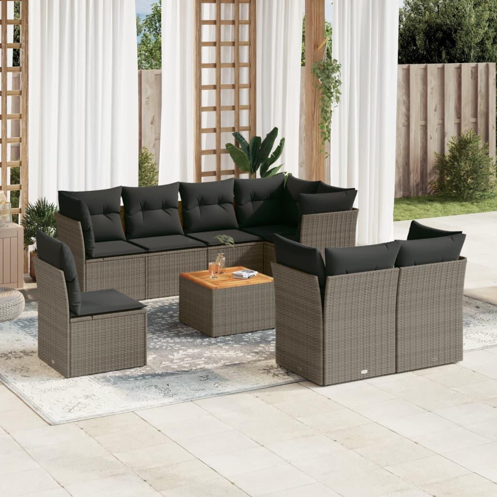 Sofasæt Til Haven 9 Dele Med Hynder Polyrattan - grå og mørkegrå / 3x midterdel 5x hjørnedel bord