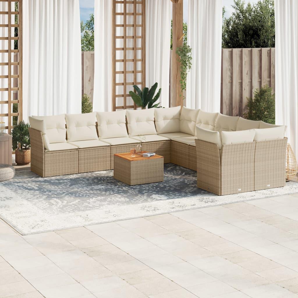 Sofasæt til haven i polyrattan - 11 dele med hynder og bord, beige