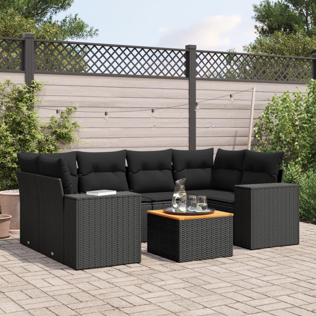 Havesofasæt i polyrattan - 7 dele med hynder og opbevaring, sort