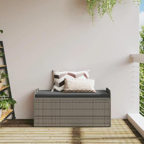 Opbevaringsbænk med hynde 115x51x52 cm polyrattan grå