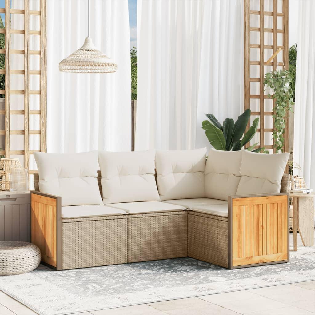 Havesofasæt 4 dele med hynder og opbevaring i polyrattan beige