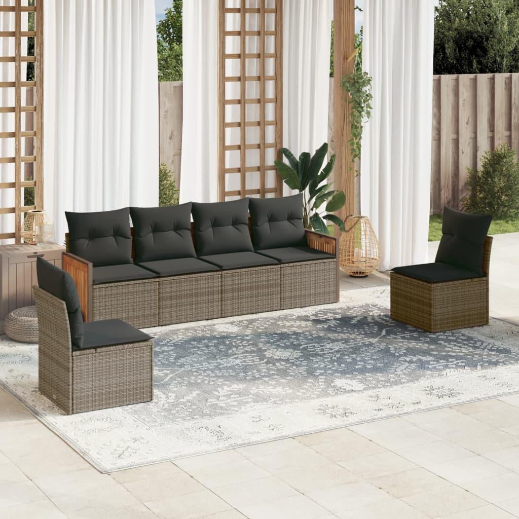Sofasæt til haven i polyrattan - 6 dele med hynder, grå