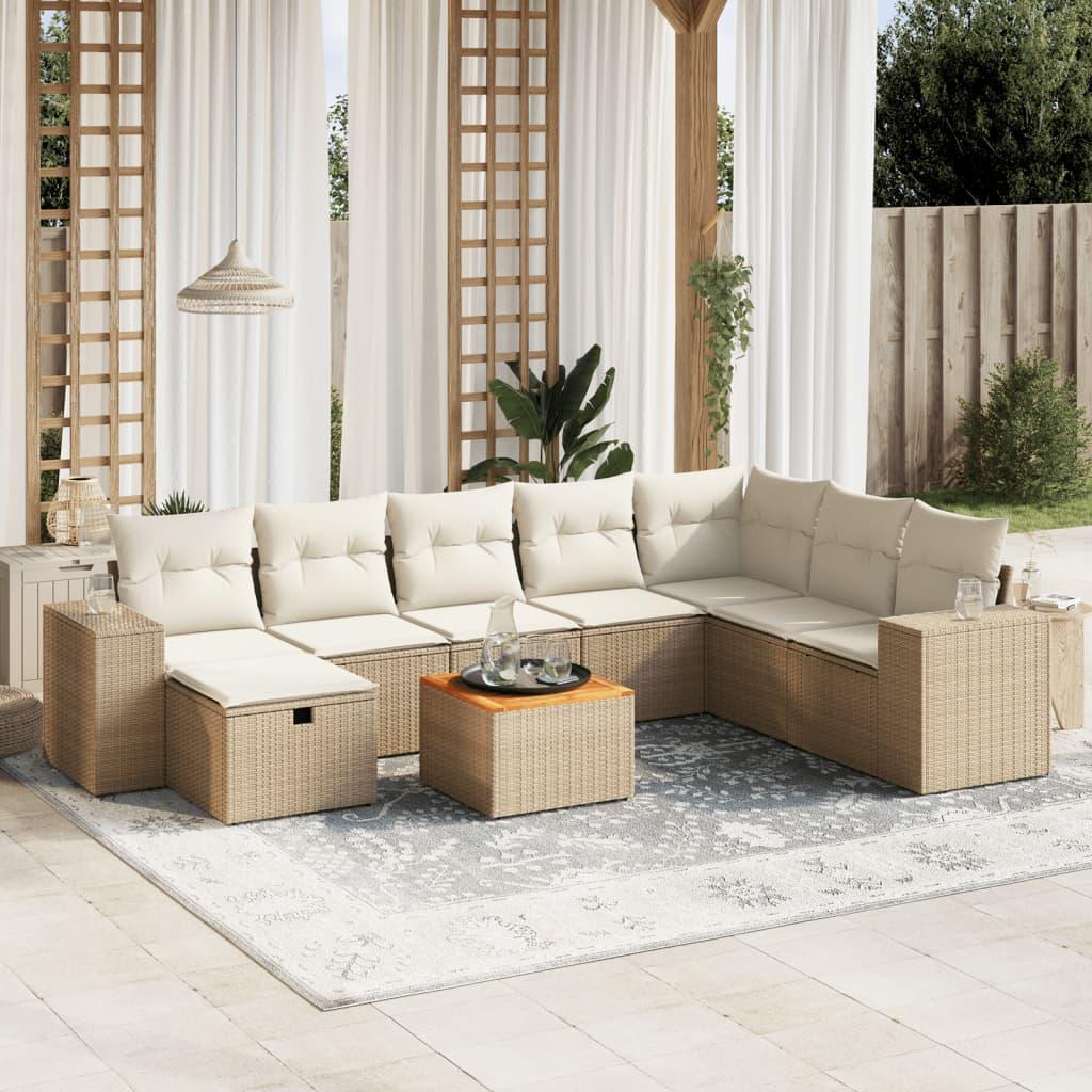 Havesofasæt i polyrattan, 9 dele med hynder - beige