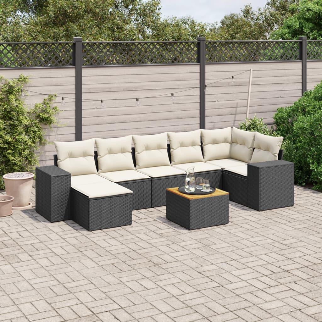 Sofasæt Til Haven 8 Dele Med Hynder Polyrattan Beige - Sort og cremefarvet / hjørnedel 3x midterdel fodskammel bord