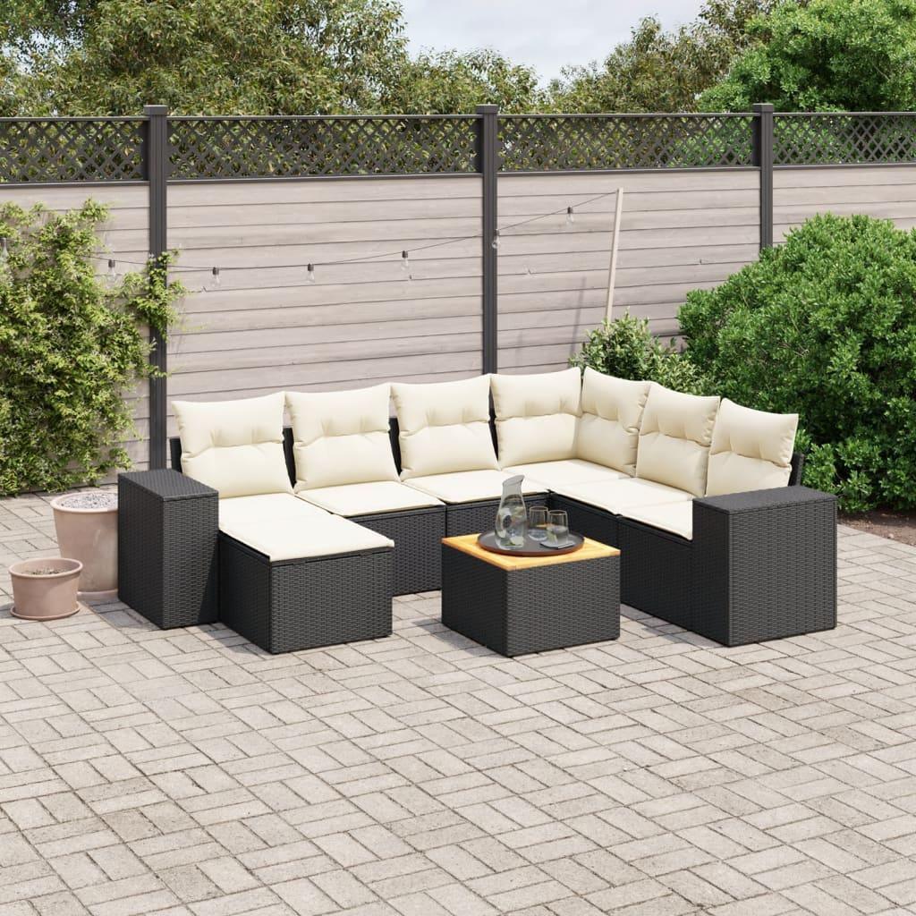 Sofasæt Til Haven 8 Dele Med Hynder Polyrattan Beige - Sort og cremefarvet / 3x midterdel hjørnedel fodskammel bord