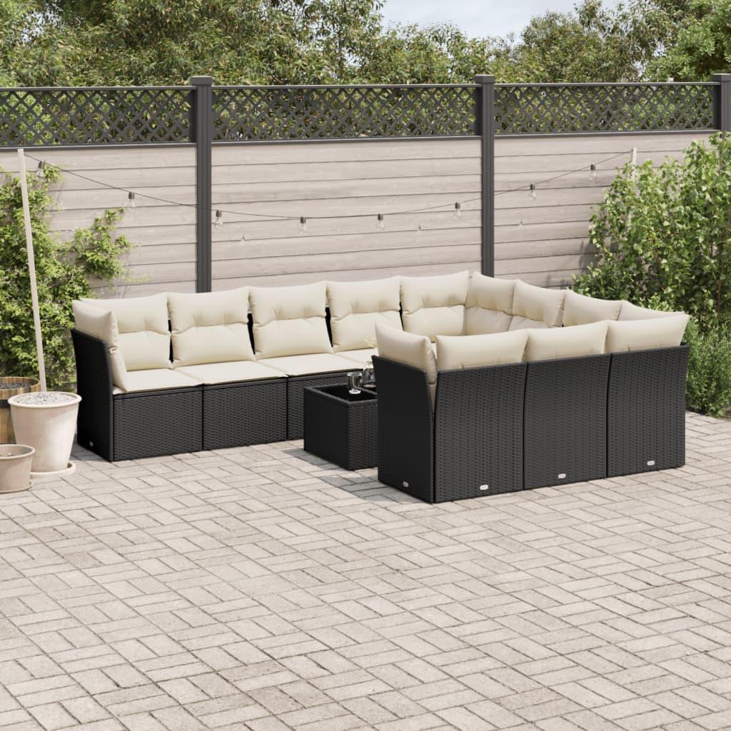 Sofasæt Til Haven 10 Dele Med Hynder Polyrattan - Sort og cremefarvet / Med bord