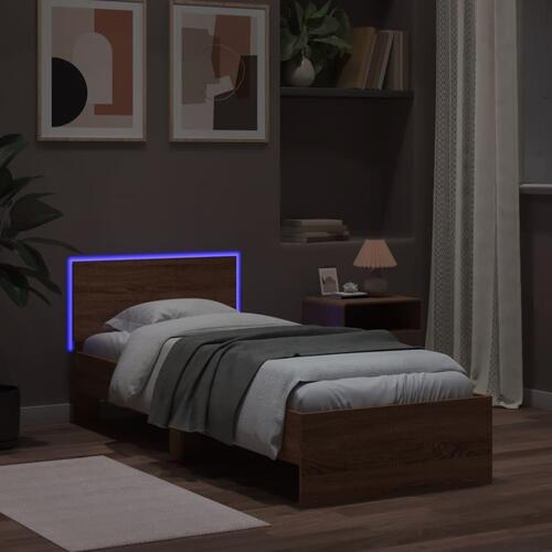 Sengeramme med sengegavl og LED-lys 75x190 cm brun egetræsfarve