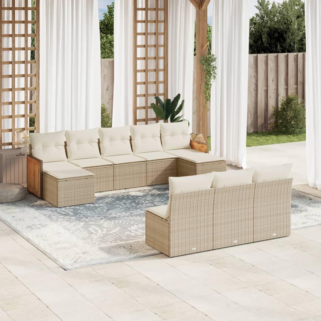 Sofasæt til haven i polyrattan - 10 dele med hynder, beige