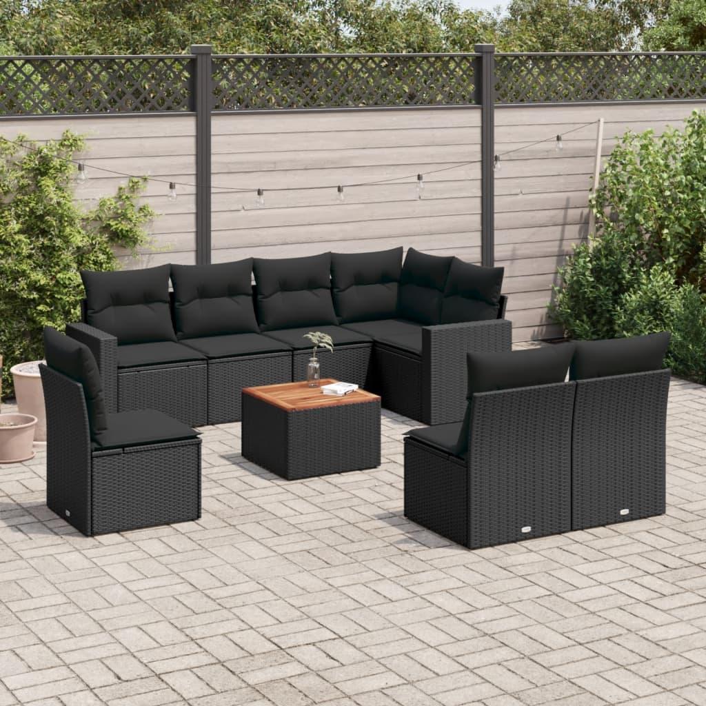 Sofasæt til haven 9 dele med hynder i polyrattan sort