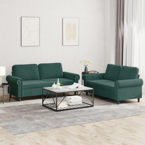 Sofasæt i velour - 2-pers. + 2-pers., mørkegrøn med hynder