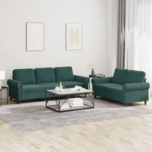 Sofasæt i velour - 2 dele med hynder, mørkegrøn