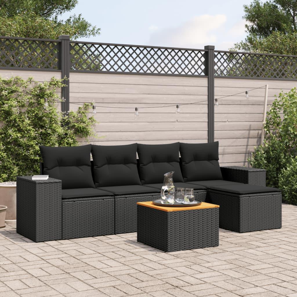 Havesofasæt i polyrattan - 6 dele med hynder og opbevaring, sort