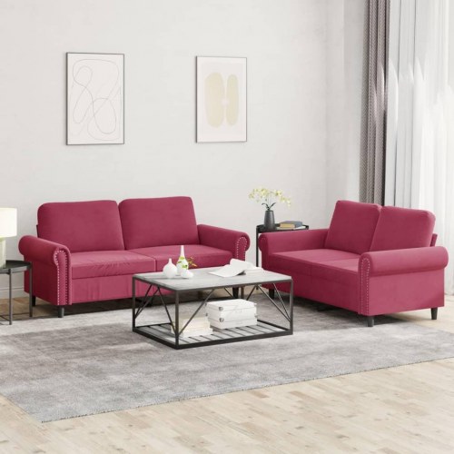 Sofasæt i velour - 2 dele med hynder, vinrød