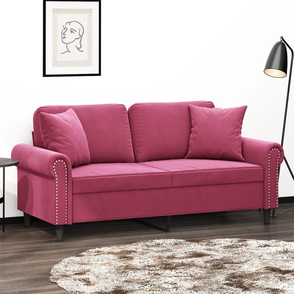 3-Personers Sofa Med Pyntepuder Velour - 140 cm / Vinrød