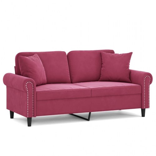2-personers sofa i velour med pyntepuder, 140 cm - vinrød