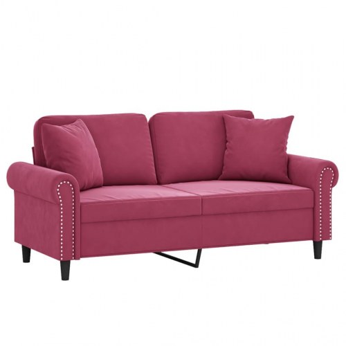 2-personers sofa i velour med pyntepuder, 140 cm - vinrød