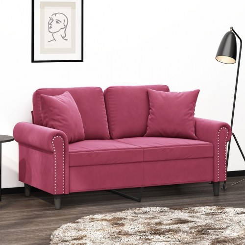 2-personers sofa i velour med pyntepuder - 120 cm, vinrød